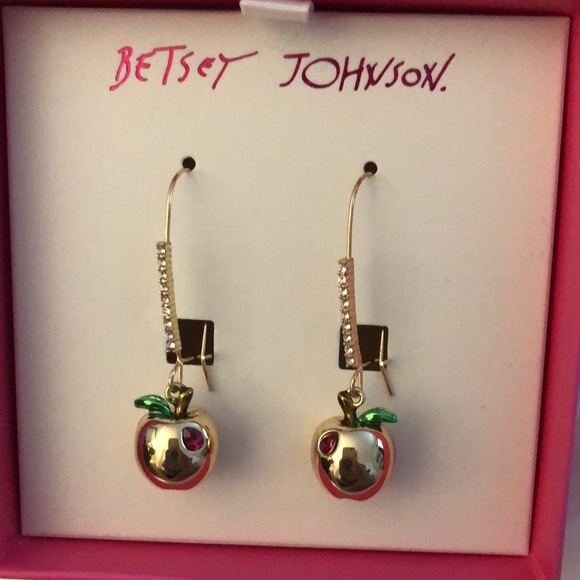 Betsey Johnson Gold Tone Apple Drop Earrings Crystal Accents NIB - Picture 8 of 11